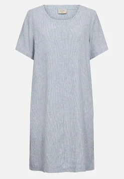 Raidallinen pellavamekko taskuilla